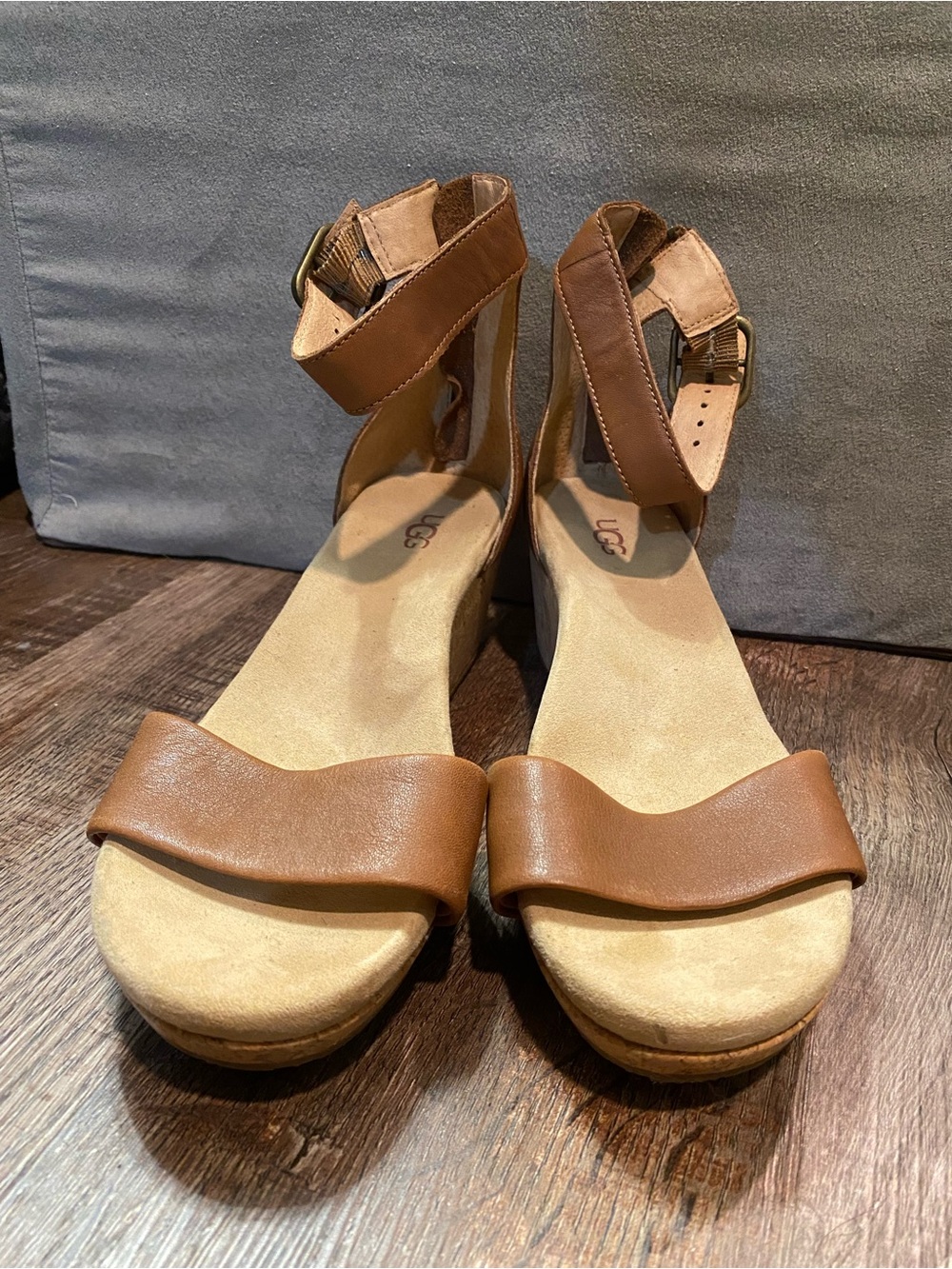 UGG Tan Leather Ankle-Strap Wedge Sandals